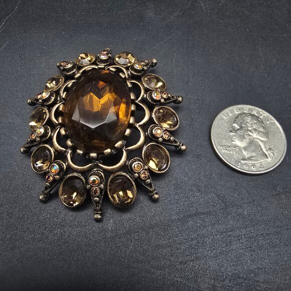 Chico's Bronze Tone Rhinestone Brooch Yellow Golden - Picture 3 of 7